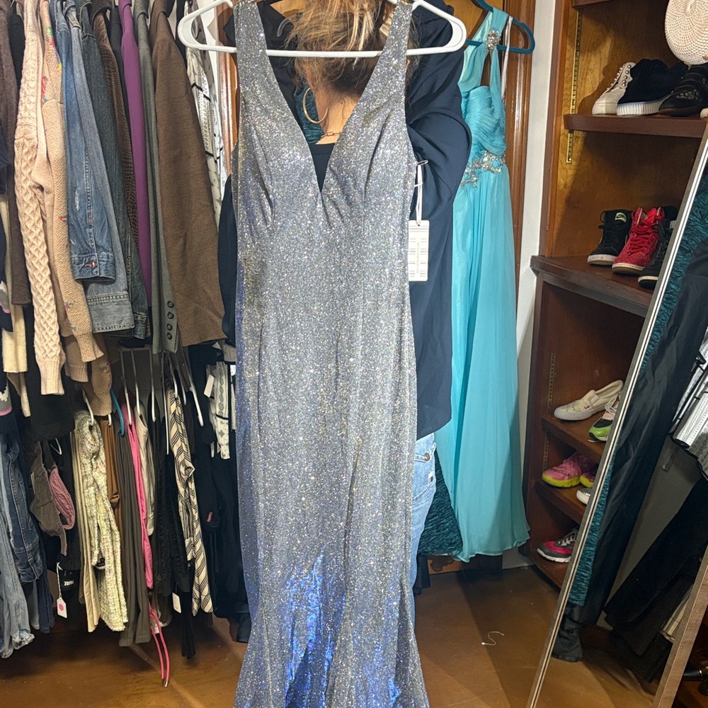 Bailey Blue Glittering Silver Prom Dress